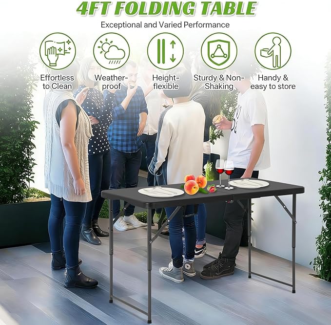 4Ft Foldable Table Adjustable Height with Built-in Handle 4 Foot Heavy Duty Portable Folding Table with Steel Legs for Indoor Outdoor Camping Parties Wedding Picnic Catering (4ft Black)