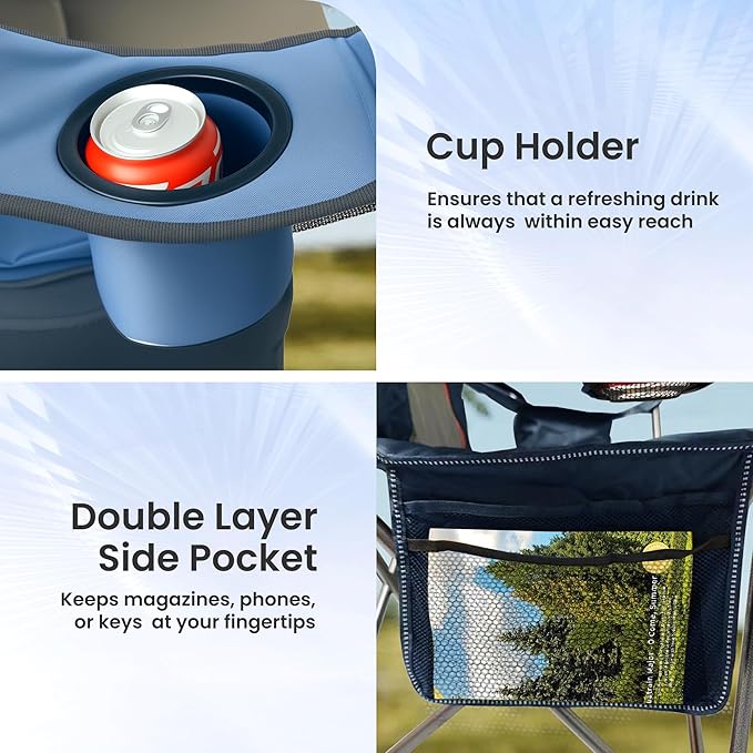 Oversized Camping Chair Heavy Duty- Portable Folding Chair Cup Holder &amp Waterproof Phone Case for Adults Beach Hiking Backyard (Blue &amp Brown 2 PCS)