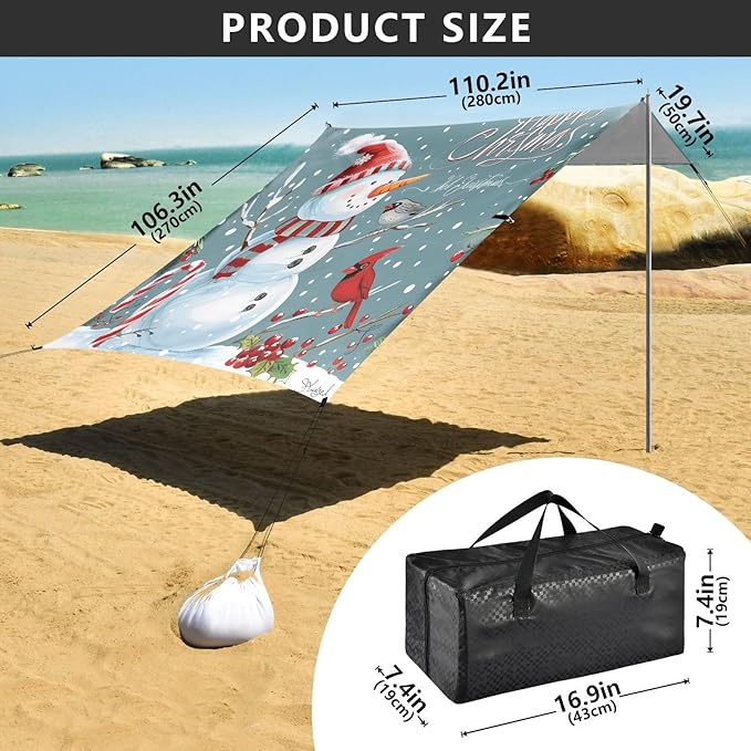 ALAZA Christmas Snowman Cardinal Bird Beach Tent Sun Shelter UPF50+ Protection Beach Shade Canopy w/ 4 Sandbags for Outdoor Camping Fishing Backyard Fun Picnic 10x9 ft