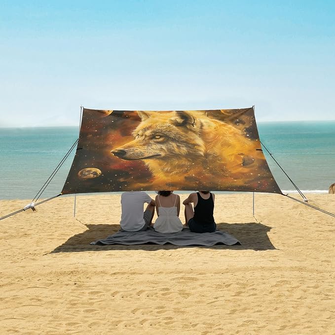ALAZA Golden Wolf Galaxy Beach Tent Sun Shelter UPF50+ Protection Beach Shade Canopy w/ 4 Sandbags for Outdoor Camping Fishing Backyard Fun Picnic 10x9 ft