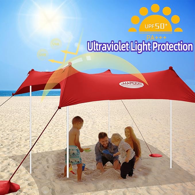 UMARDOO Family Beach Tent Canopy Sun Shade Portable Large Compact Beach Sun Shelter Easy Setup with Packable Bag for Outdoor Travel (Red 10X10 FT. 4Poles)