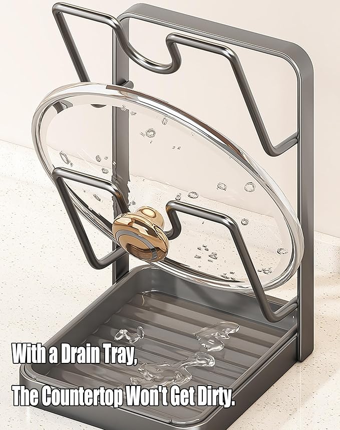 Kitchen Pot Lid Storage Rack with Drip Tray - Lid Holder Organizer While Cooking with U-Shaped Racks for Countertop - Prevent the Pot Lid from Slipping and Oil from Splattering