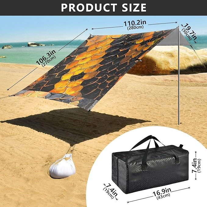 ALAZA Snake Skin Print Painting Beach Tent Sun Shelter UPF50+ Protection Beach Shade Canopy w/ 4 Sandbags for Outdoor Camping Fishing Backyard Fun Picnic 10x9 ft