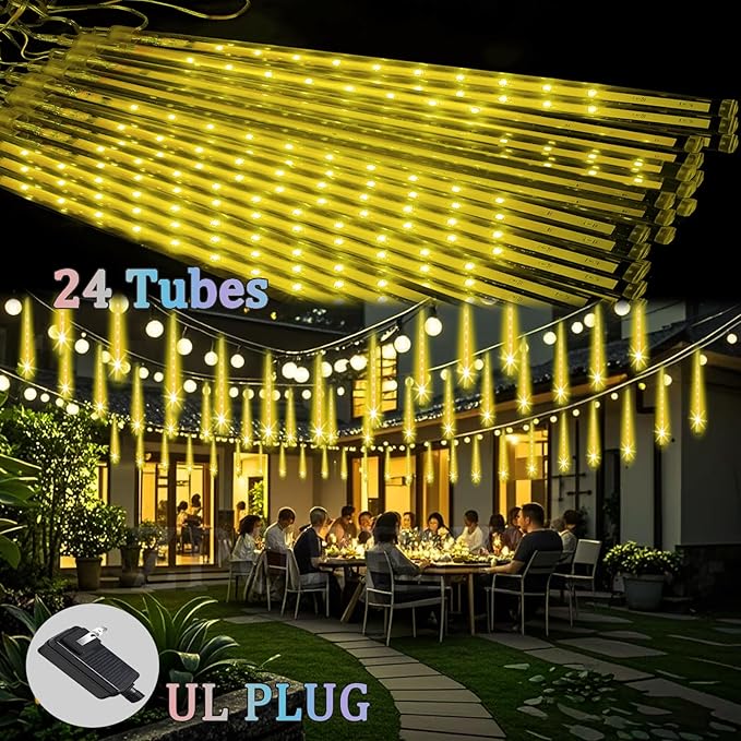 Outdoor Meteor Shower Christmas Lights 24-Tube 576LEDs Shooting Star Waterfall Meteor Shower Falling Rain Light for Christmas Tree Decorations Wedding Party Holiday Garden UL Plug Warm White