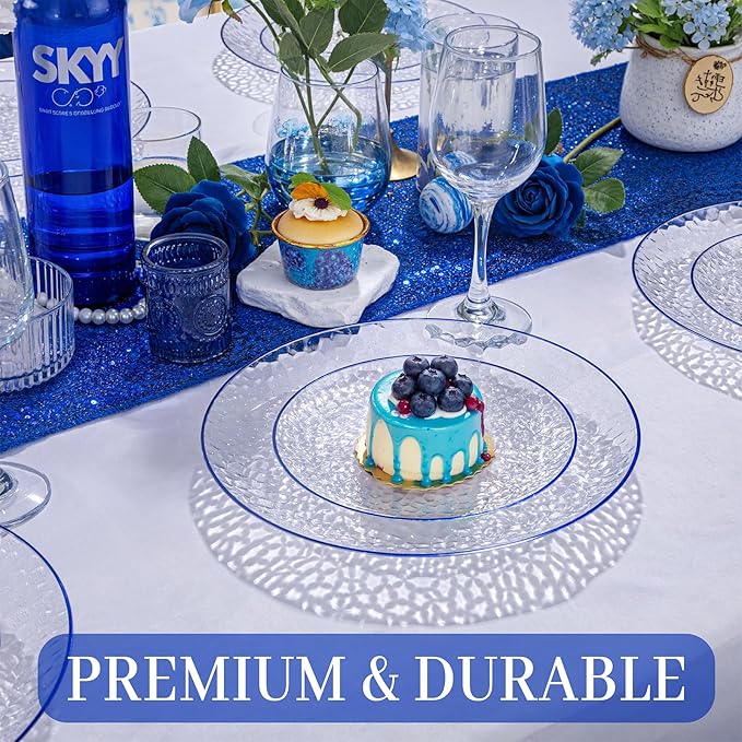 Rubtlamp 60Pcs Blue Easter Plastic Plates Clear Disposable Plates With Blue Rim Heavy Duty Party Plates Hammered Fancy Plates Include 30 Dinner Plates 30 Dessert Plates For St Patricks Day
