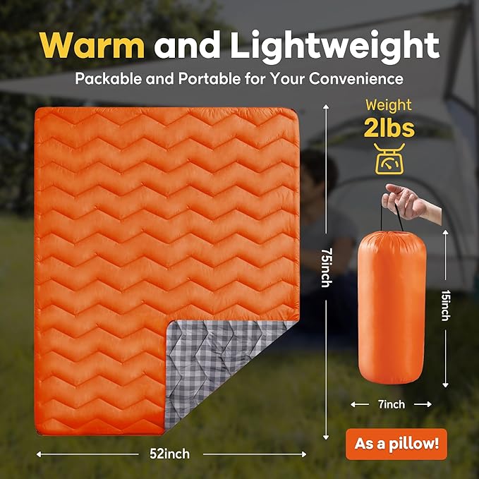 UNIKOME Waterproof Puffy Camping Blanket - Lightweight Packable Outdoor Quilt with Corner Loops Warm Compact Blanket for Cold Weather Hiking Picnic Stadium Travel 75×52 Orange