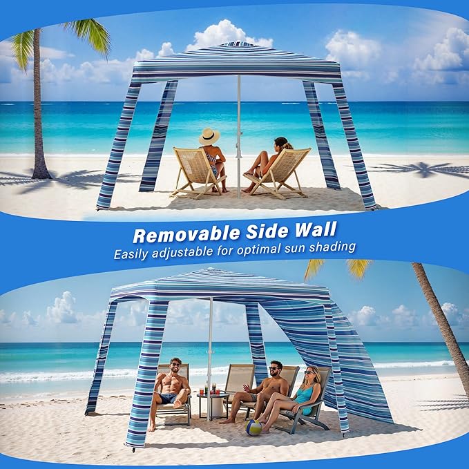 Beach Cabana-6.6x6.6’Beach Canopy with Side WallPortable Umbrella Tent with Sand Pockets for Family &amp FriendsEasy Up Beach Sun Shelter for Outdoor PatiosBackyardsand CampingStripe