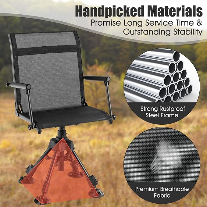 DORTALA Portable Hunting Chair 360 Degree Swivel Hunting Blind Chair w/Adjustable Height Comfortable Armrests Folding Deer Hunting Seat for Blinds Camping 330 LBS Weight Capacity Black