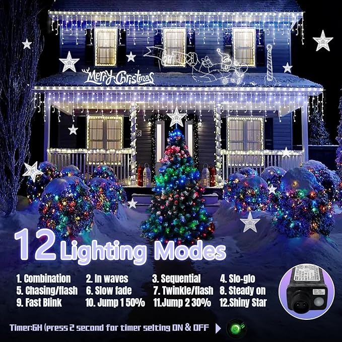 98FT 960 LED Christmas Lights Waterproof 8 Modes Ice Lights for Outside with Memory and Timer Hanging Fairy Lights Plug-in Curtain String Lights for Holiday Party Wedding Home (Cool White)