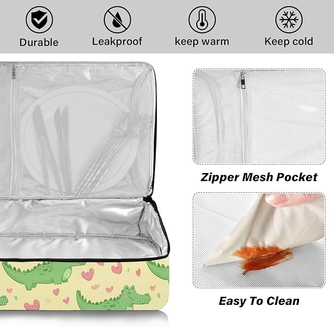 Casserole Carrier Adorable Pattern Cute CrocodileInsulated Casserole Carrier for Hot or Cold Food Thermal Lunch Tote for Potluck Parties Picnic Beach Fits 9 x 13 Inches Baking Dish