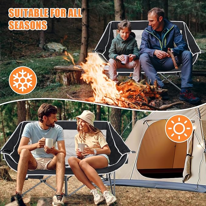 CDEN Heated Camping Chair with Battery Padded Chair Oversized Camping Loveseat Double Camping Chairs with Cup Holder Cooler Bag Wine Holder Dual Power Banks Included(Black &amp Gray)