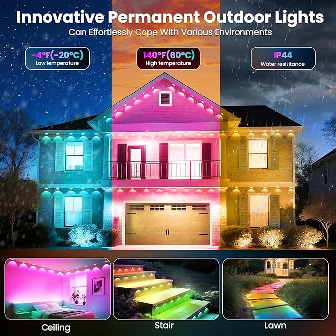 Permanent Outdoor LightsSmart Eave Light RGB Color-Changing LED House Lighting with App &amp Remote Christmas Light Effects IP67 Weatherproof Outdoor Lights for Holidays &amp Christmas Decoration