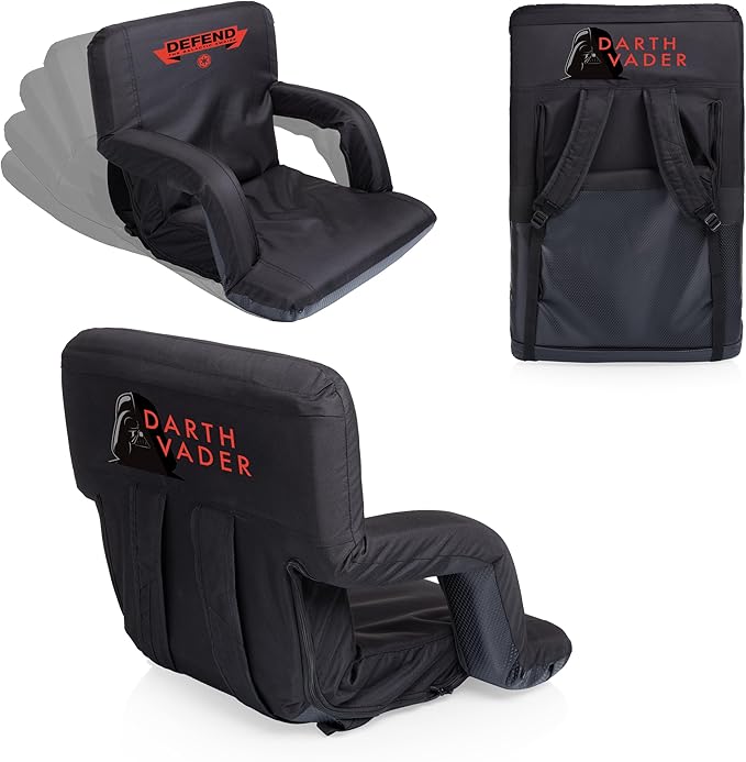 PICNIC TIME Star Wars Darth Vader Ventura Reclining Stadium Seat with Back Support Portable Bleacher Floor Beach Chair with Cushion Backpack Straps (Black)
