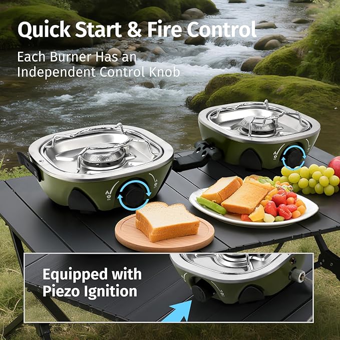 INFOOD Propane Camping Stove 20000 BTU - Portable 2 Burner Gas Stove with Adjustable Flame Control Piezo Ignition Carry Bag &amp Propane Adapter Hose Folding Design for Camp BBQ Tailgating Gre