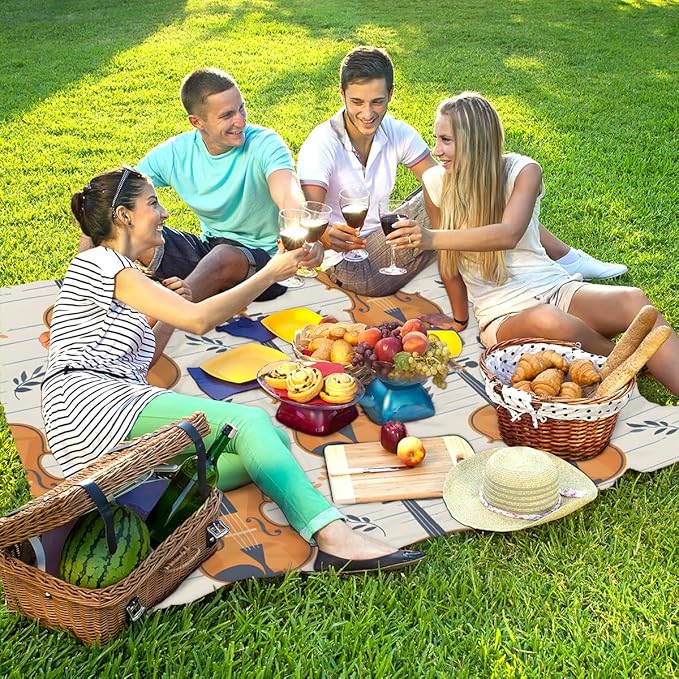 Waterproof Sandproof Beach Blanket 59''×68'' Violins Polyester Outdoor Picnic Blanket with 4 Stakes &amp Storage Bag for BeachCampingVacation Straw-Yellow