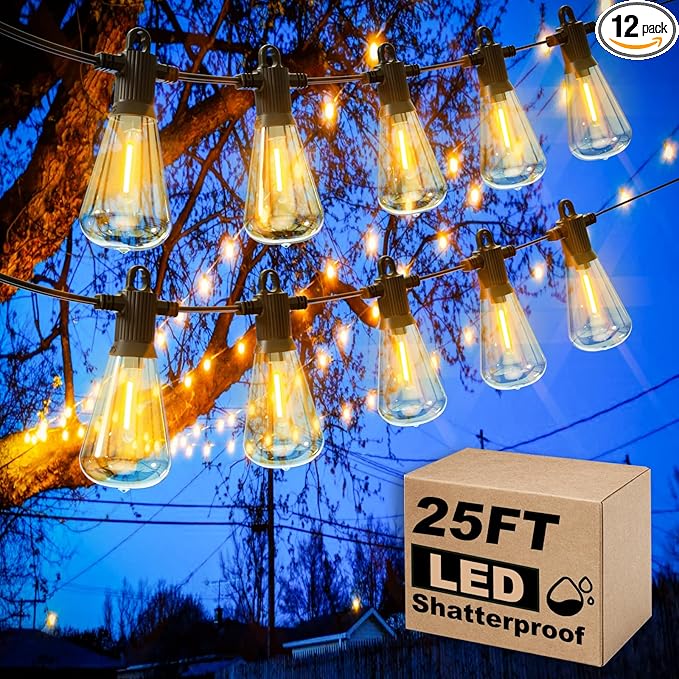 25ft Outdoor String Lights LED Patio Hanging With 12 Shatterproof Bulbs Waterproof ETL Listed Bistro for Backyard Garden Cafe