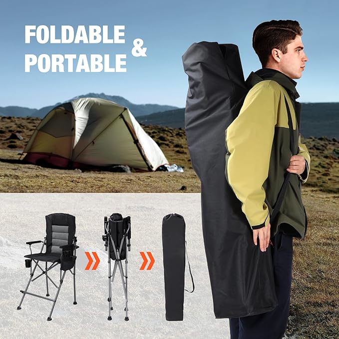 Extra Tall Folding Chairs for Adults 330lbs with Adjustable Backrest Portable Bar Height Foldable Director Chairs with Lumbar Support Comfortable with High Back and FootrestBlack2Pack