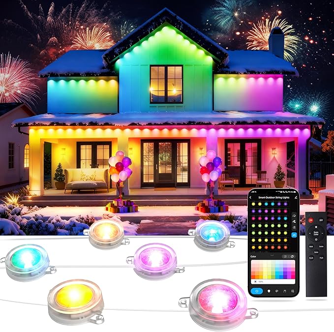 100FT Permanent Outdoor Lights with 60 LED RGB Color Changing String Lights IP67 Waterproof Eaves Light with APP &amp Remote Control 49 Scene Modes Music Sync Mode For Christmas Halloween Part