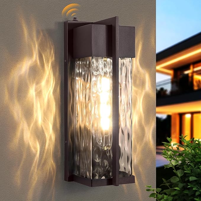 18IN Modern Exterior Lighting Fixtures(T300 Bulb Included) Dusk to Dawn Outdoor Lighting Waterproof Rippled Glass Wall Sconces Open Bottom Outside Lights for House Porch Garage(Bronze)