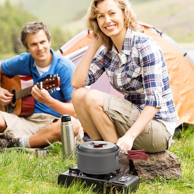 Yardwe Camping Cookware Set for 1-2 People Red Portable Outdoor Aluminum Pot Pan Bowl Combo Lightweight Hiking Picnic Cook Set for Camping and Travel