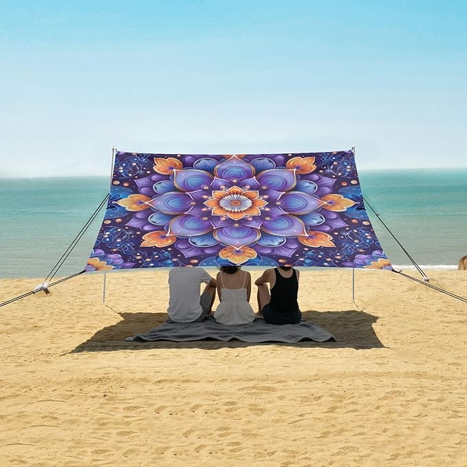 Abstract Mandala Purple Beach Tent Sun Shelter 9.2' x 10.5' Beach Canopy with 4 Sandbags 4 Stability Poles Sand Shovels - Tent Canopy for Beach Camping Fishing Picnics