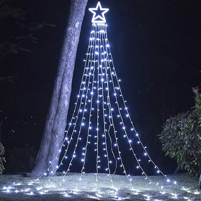 Christmas Decoration Lights Outdoor Christmas String Lights 320 LED 11.5 Ft Waterfall Tree Light with Big Star Topper 8 Light Modes for Xmas New Year Holiday Garden Yard Indoor Outdoor Decor