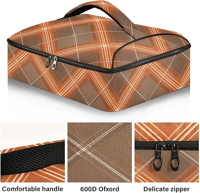 Casserole Carrier Brown Orange Tartan Insulated Casserole Carrier for Hot or Cold Food Thermal Lunch Tote for Parties Picnic Travel Carry Bag