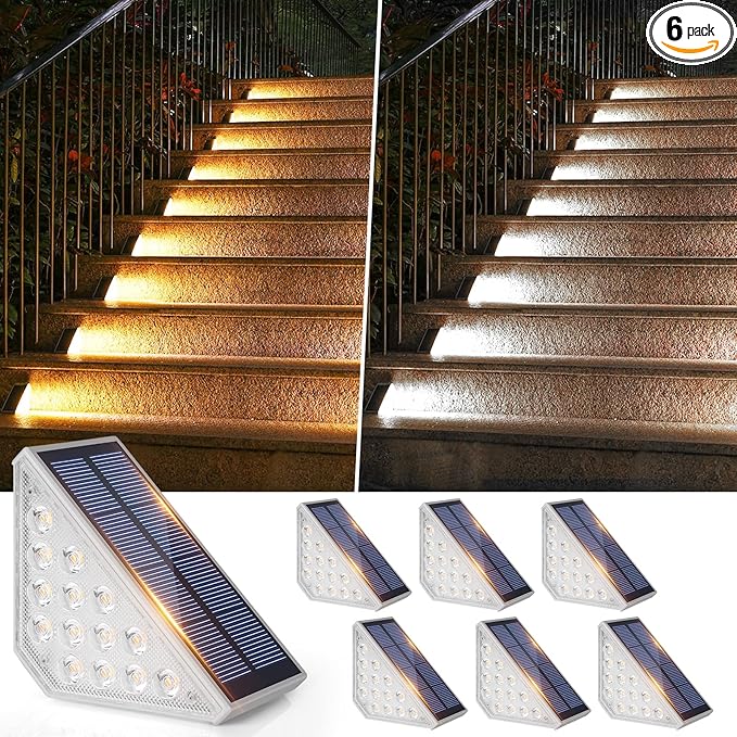 6 Pack Solar Stair Lights for Outside Upgraded 2-in-1 Solar Powered Step Lights Waterproof IP67 Warm White/Cool White Auto On/Off Outdoor Light for Deck Patio Front Porch Garden Walkway Yard