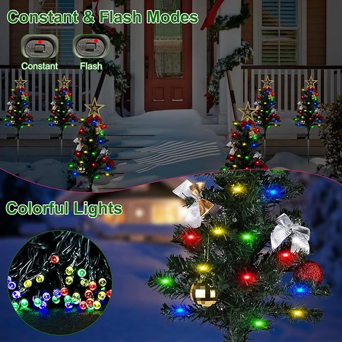 4 Pack Solar Christmas Decorations Tree Lights Upgraded Outdoor Solar Stake Decorative Lights Xmas Tree W/20 LED-RGB Lights IP65 Waterproof Dual Lighting Modesfor Garden Pathway Lawn Patio