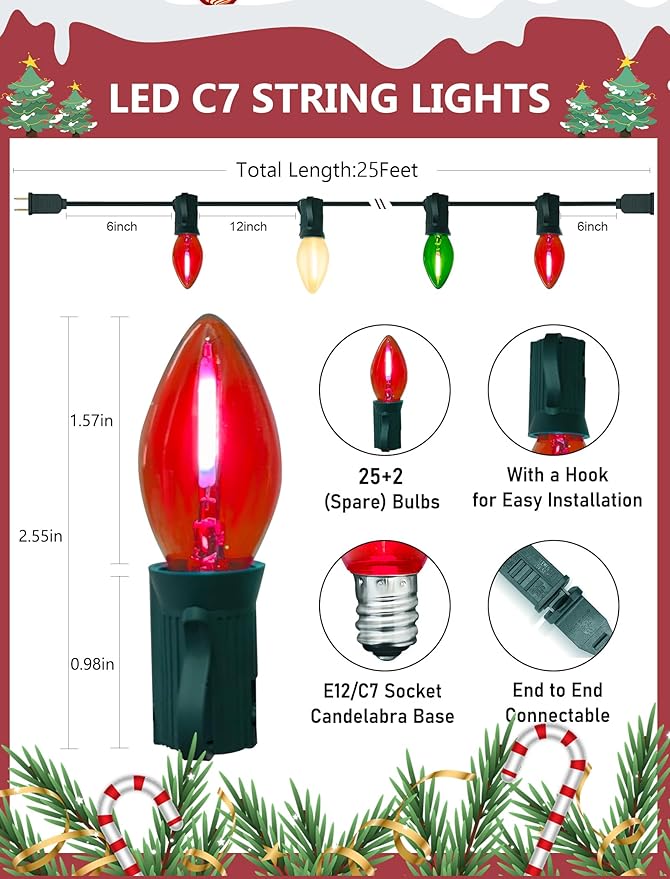 C7 LED Red White and Green Christmas Lights 26Ft Vintage Outdoor Christmas String Lights with 27 LED Colored Bulbs Connectable Hanging Xmas Decorations Lights for Roofline House Garden Patio Party