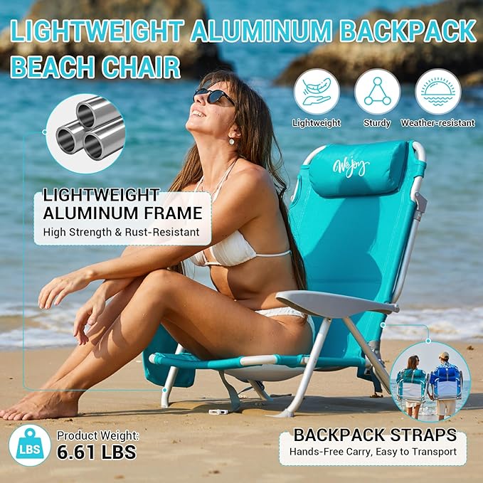#WEJOY Beach Chair for Adults Reclining Adjustable Position Lay Flat Lightweight Folding Portable Aluminum Chair with Backpack StrapsPadded headrest Heavy Duty 400 lbs Lawn Chair for Beach Sand