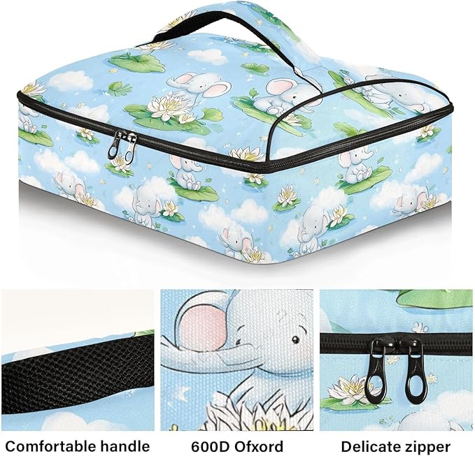 Casserole Carrier Cute Elephants PrintInsulated Casserole Carrier for Hot or Cold Food Thermal Lunch Tote for Potluck Parties Picnic Beach Fits 9 x 13 Inches Baking Dish