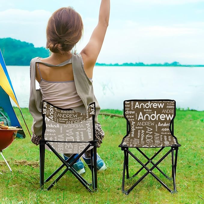 Sinestour Brown Custom Folding Camping Chair for Teen Child Personalized Name 14.6×14.6in Portable Outdoor Chair with Carry Bag for Outside Picnic Lawn