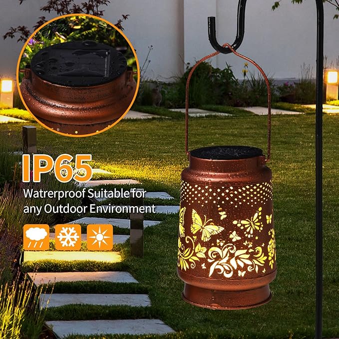 Solar Lanterns Outdoor Waterproof Butterfly Garden Decor Birthday Gifts for Women Mom Grandma Hanging Solar Lights Metal Lantern Decoration Outside for Yard Patio Backyard Porch