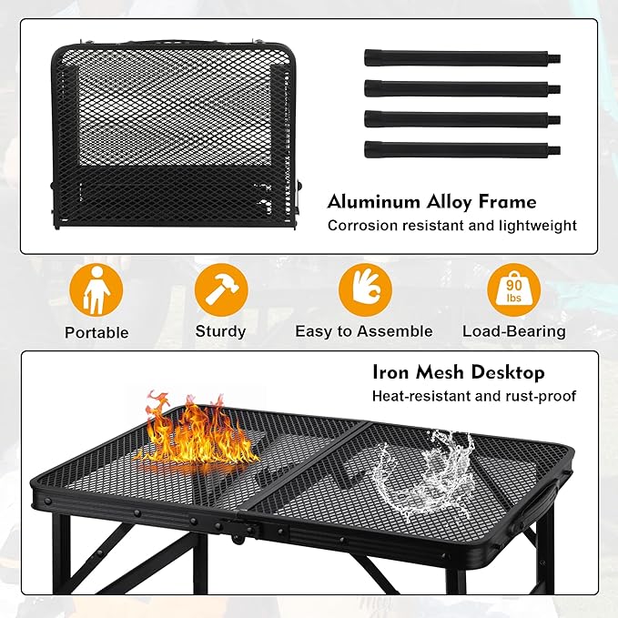 Camping Table with Mesh Desktop Lightweight &amp Portable Small Folding Grill Table Height Adjustable Metal Outdoor Table for Camp Cooking BBQ RV Picnic-2 FT Black