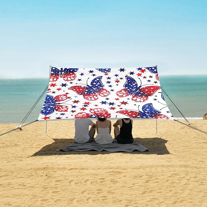 American Flag with Butterflies Beach Tent Sun Shelter 9.2' x 10.5' Beach Canopy with 4 Sandbags 4 Stability Poles Sand Shovels - Tent Canopy for Beach Camping Fishing Picnics