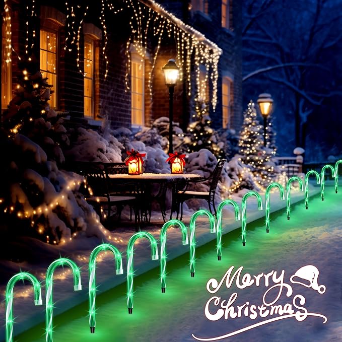 10 10 Pack Christmas Candy Cane Lights Candy Cane Lights with 10 Stakes for Walkway Patio Yard Patio Garden Festival Holiday Outdoor Indoor Landscape Path Christmas Decorations Outside Green