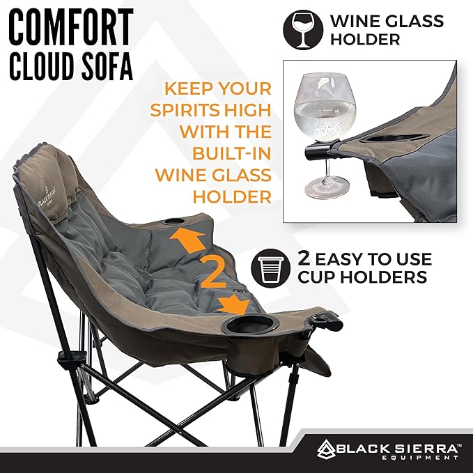 Black Sierra Double Camping Chair for Adults Oversized Folding Loveseat Supports 600 lbs Plush Padded Outdoor Couch with Cup Holders and Carry Bag for Beach Patio RV or Tailgating Events