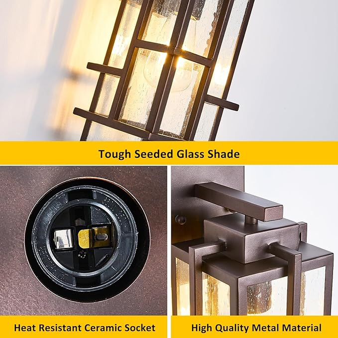 Outdoor Wall Light Fixture with Seeded Tempered Glass Waterproof Outside Wall Coach Lantern with E26 Sockets Brown Large Porch Sconces Lamp for House Patio Garage