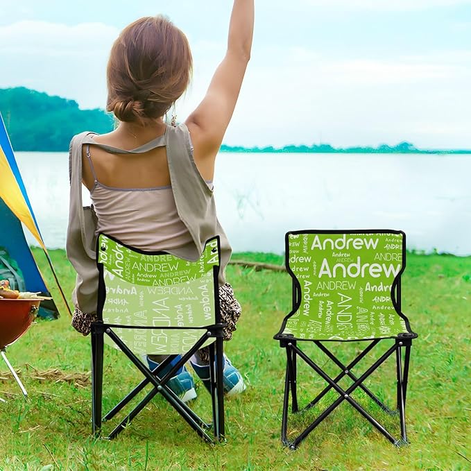 Sinestour Light Green Custom Folding Camping Chair for Teen Child Personalized Name 14.6×14.6in Portable Outdoor Chair with Carry Bag for Travel Hiking Lawn
