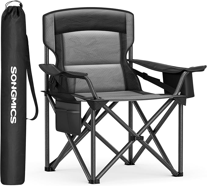 SONGMICS Oversized Lumbar Support Camping Chair Heavy-Duty Outdoor Folding Chair Comfortable Padded Glamping Cooler Bag Weight Capacity 450 lb Ink Black UGCB066B01