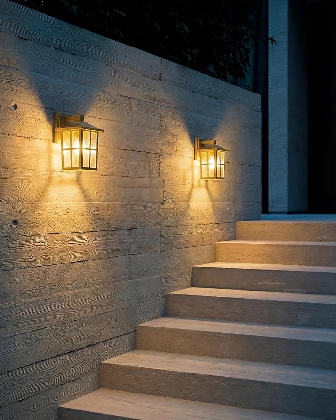 KDG Outdoor Waterproof Patio Wall Light Fixtures Set of 2 Gold E26 Socket Exterior Lanterns with Tempered Glass Modern Wall Mounted Lamp Suitable for Home Front Door Garden Garage Porch