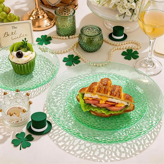 Rubtlamp 60Pcs Green Plastic Plates Heavy Duty St Patricks Day Plates With Hammered Design Green Party Disposable Plate Include 30 Dinner Plate 30 Salad Platos Fancy Plastic Platos For Easter