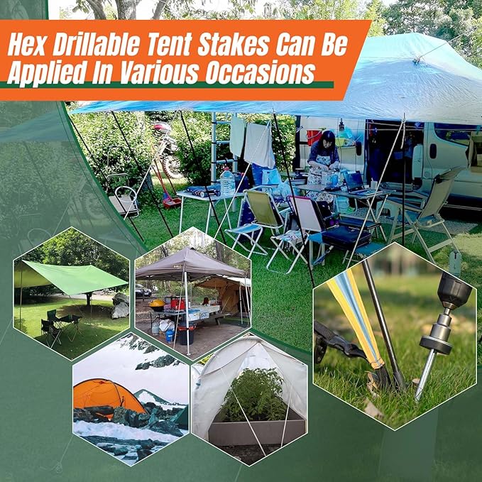 15 Pcs 12 Hex Drillable Tent Stakes Hex Heavy Duty Metal Ground Pegs Screw in Camping Spikes for Garden Canopies Grassland Canopies Awnings Camping Travel (Hex Tool and Storage Bag)