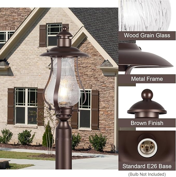 Treekee Outdoor Post Light Fixture Vintage Brown Pole Lantern with Wood Grain Glass Farmhouse Exterior Post Lamp with E26 Socket for Garden Pathway Patio Porch Courtyard Driveway Street