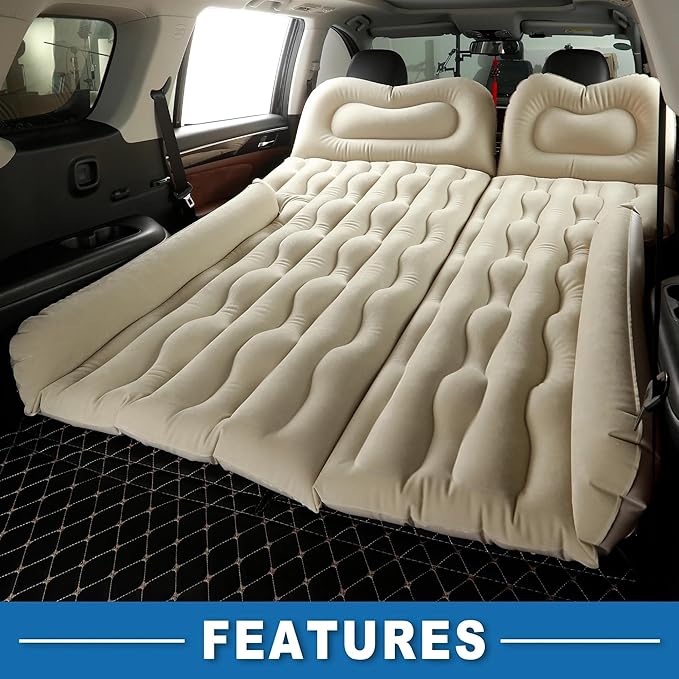 Car Inflatable Mattress Car Camping Travel Mattress Car Inflatable Mattress with Air Pump Suitable for Camping Self-Driving Travel (Beige)