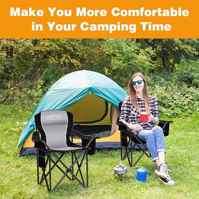 2PCS Folding Camping Chair Portable Outdoor Heavy Duty Padded Chairs Lawn Chair with Cup Holder Storage Pocket and Cooler Bag Supports 480LBS Black