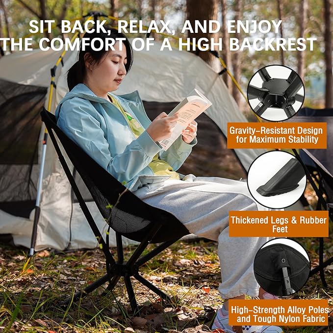 Compact Small Camping Chair Folding Portable Camp Chair for Adults Hiking Travel Outdoor Adventures Easy Set Up Supports 330LBS with Cup Holder