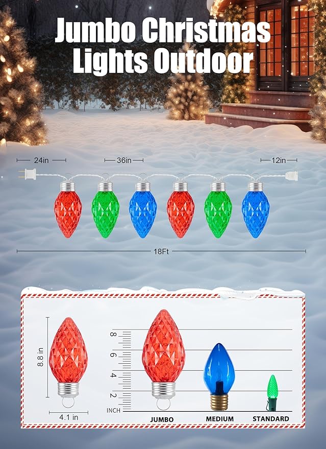 Brightown 6ct Twinkling Multicolor LED Jumbo C9 C7 Bulb Christmas Lights 18Ft with 15 LEDs in Each Strawberry Bulb Connectable Hanging String Lights for Outdoor Porch Xmas Trees Roof Decoration