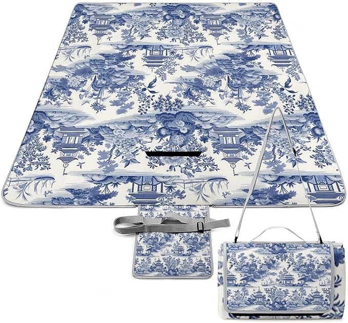 Blue and White Chinese Style Chinoiserie Folk Waterproof Outdoor Picnic Blanket Sandproof Beach Mat for Camping Hiking Grass Travelling